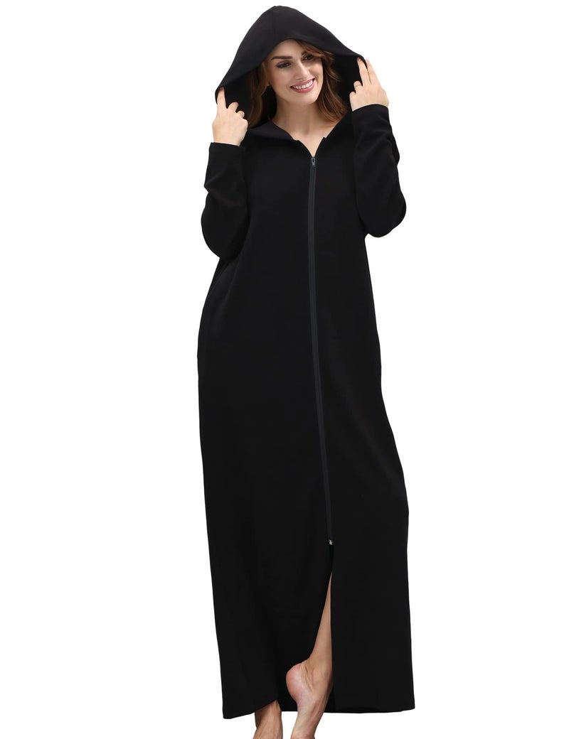 COLORFULLEAF Women's Zip Up Robes Long Sleeve Hooded Fleece Bathrobe Soft Warm Housecoat Loungewear with Pockets(Black,L) - Image 1